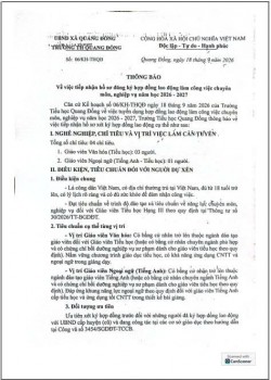 THÔNG BÁO VỀ VIỆC TIẾP NHẬN HỒ SƠ ĐĂNG KÝ HỢP ĐỒNG LAO ĐỘNG LÀM CÔNG VIỆC CHUYÊN MÔN, NGHIỆP VỤ NĂM HỌC 2026 - 2027