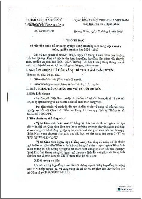THÔNG BÁO VỀ VIỆC TIẾP NHẬN HỒ SƠ ĐĂNG KÝ HỢP ĐỒNG LAO ĐỘNG LÀM CÔNG VIỆC CHUYÊN MÔN, NGHIỆP VỤ NĂM HỌC 2026 - 2027